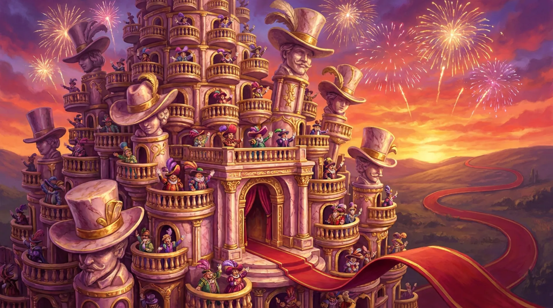 A gaudy pink-and-gold palace made entirely of balconies, each holding a tiny pompous figure in an enormous feathered hat, with giant statues of hatted heads, fireworks and a red carpet winding over the hills.